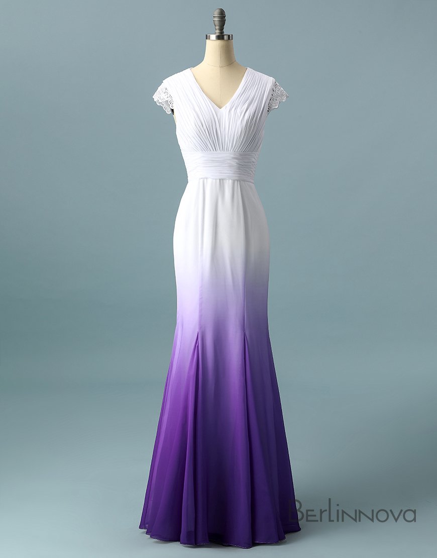 V Neck Ombre Formal Prom Dress, A Line Wedding Party Gown