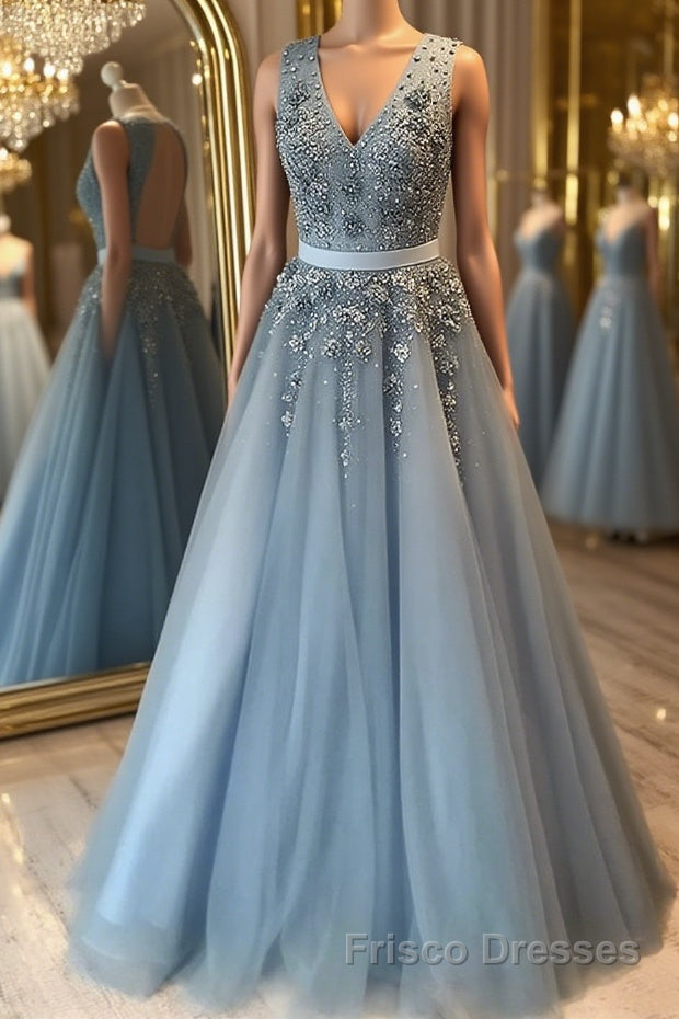 V Neck Open Back Beaded Blue Long Formal Prom Dresses with 3D Flowers, Open Back Blue Formal Graduation Evening Dresses
