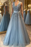 V Neck Open Back Beaded Blue Long Formal Prom Dresses with 3D Flowers, Open Back Blue Formal Graduation Evening Dresses