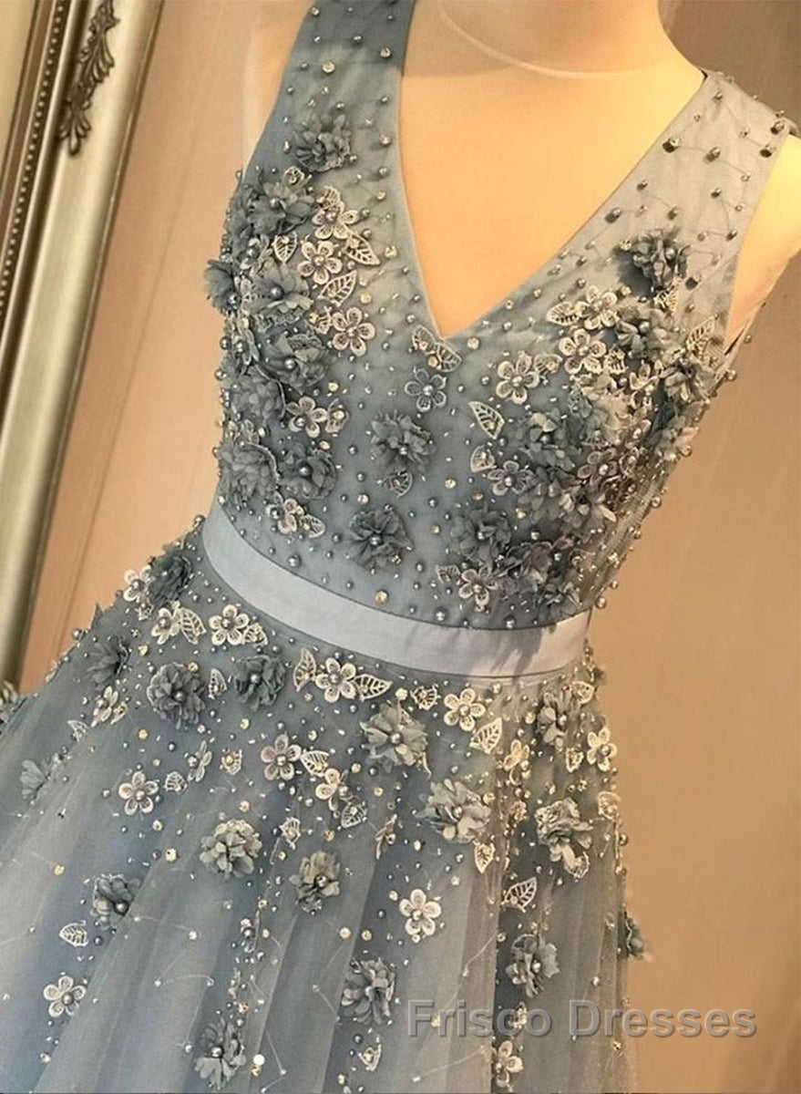 V Neck Open Back Beaded Blue Long Formal Prom Dresses with 3D Flowers, Open Back Blue Formal Graduation Evening Dresses Secondary image