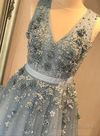 V Neck Open Back Beaded Blue Long Formal Prom Dresses with 3D Flowers, Open Back Blue Formal Graduation Evening Dresses