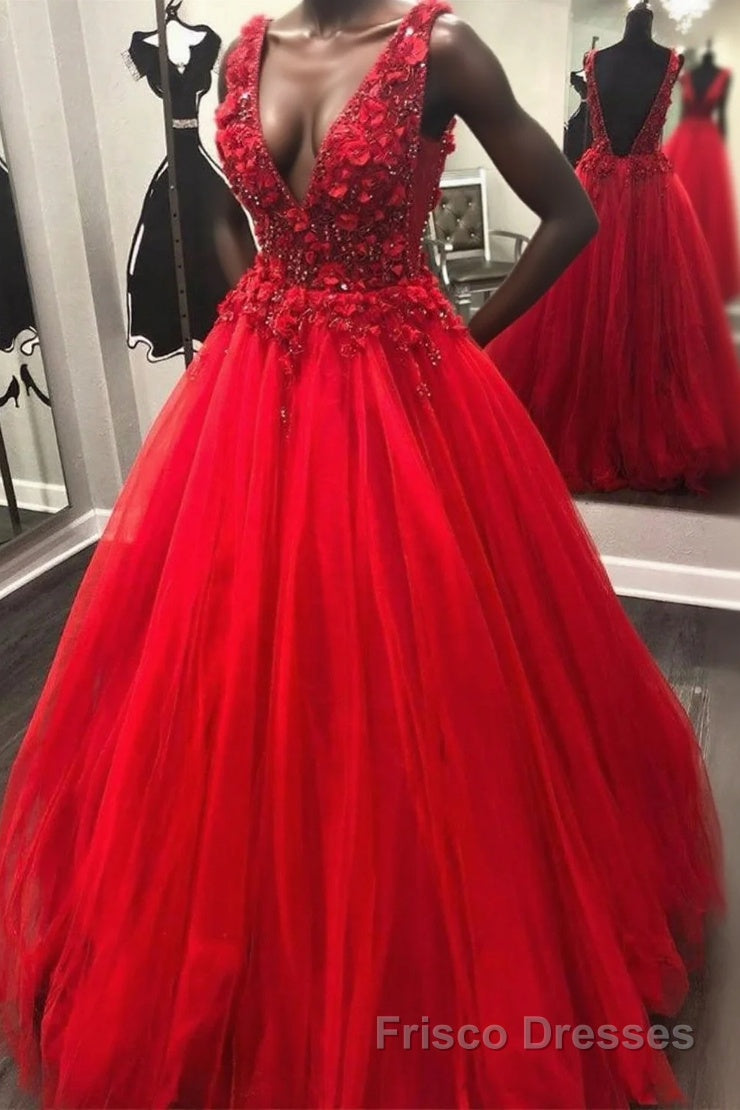 V Neck Open Back Beading Red Long Formal Prom Dresses with 3D Flower, V Neck Red Formal Dresses, Red Evening Dresses
