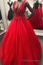 V Neck Open Back Beading Red Long Formal Prom Dresses with 3D Flower, V Neck Red Formal Dresses, Red Evening Dresses