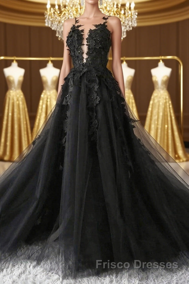 V Neck Open Back Black Tulle Lace Floral Long Formal Prom Dresses, Black Lace Formal Evening Dresses with Appliques