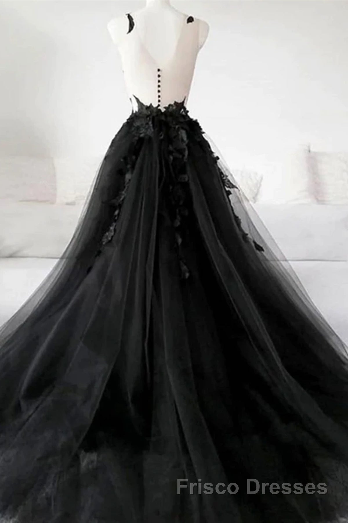 V Neck Open Back Black Tulle Lace Floral Long Formal Prom Dresses, Black Lace Formal Evening Dresses with Appliques