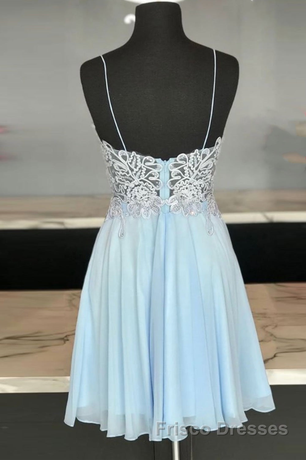 V Neck Open Back Blue Lace Short Formal Prom Dresses, Blue Lace Homecoming Dresses, Short Blue Formal Evening Dresses