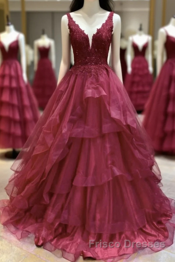 V Neck Open Back Burgundy Lace Long Formal Prom Dresses, Burgundy Lace Formal Evening Dresses, Burgundy Ball Gown