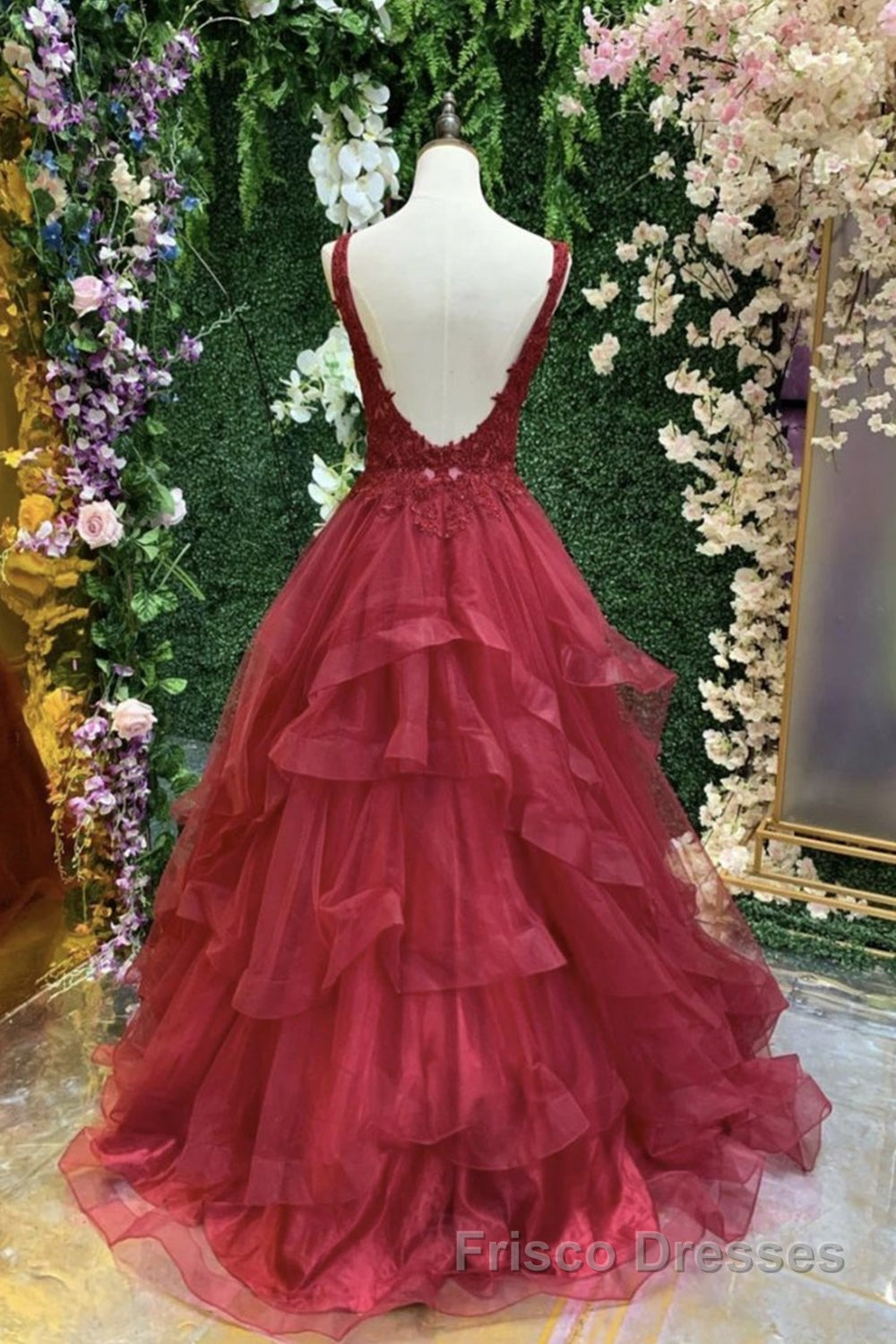 V Neck Open Back Burgundy Lace Long Formal Prom Dresses, Burgundy Lace Formal Evening Dresses, Burgundy Ball Gown