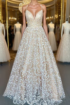 V Neck Open Back Champagne Lace Long Formal Prom Dresses, Champagne Lace Formal Graduation Evening Dresses