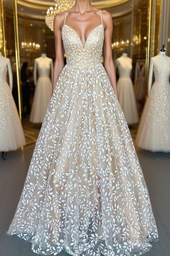 V Neck Open Back Champagne Lace Long Formal Prom Dresses, Champagne Lace Formal Graduation Evening Dresses