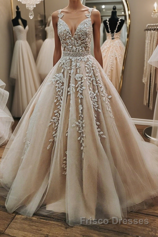 V Neck Open Back Champagne Tulle Lace Long Formal Prom Dresses with Belt, Champagne Lace Formal Evening Dresses, Champagne Ball Gown