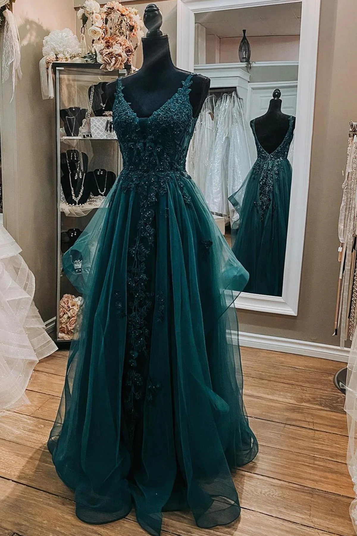V Neck Open Back Dark Green Lace Beaded Long Prom Dresses, Dark Green Lace Formal Dresses, Dark Green Evening Dresses Main image