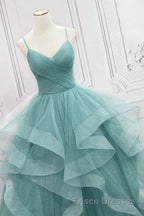 V Neck Open Back Fluffy Green Tulle Long Formal Prom Dresses, Green Formal Evening Dresses, Ball Gown