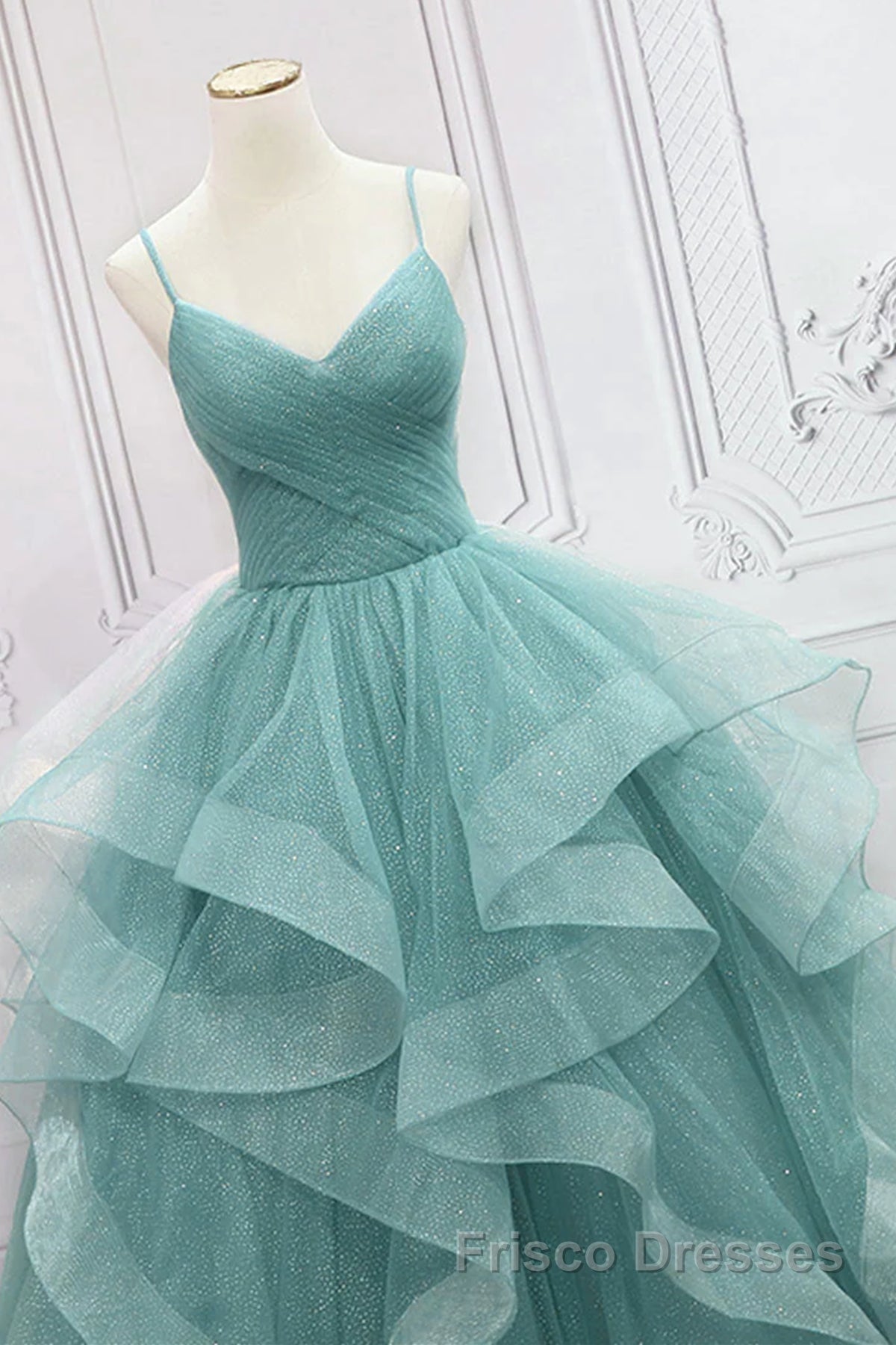 V Neck Open Back Fluffy Green Tulle Long Formal Prom Dresses, Green Formal Evening Dresses, Ball Gown