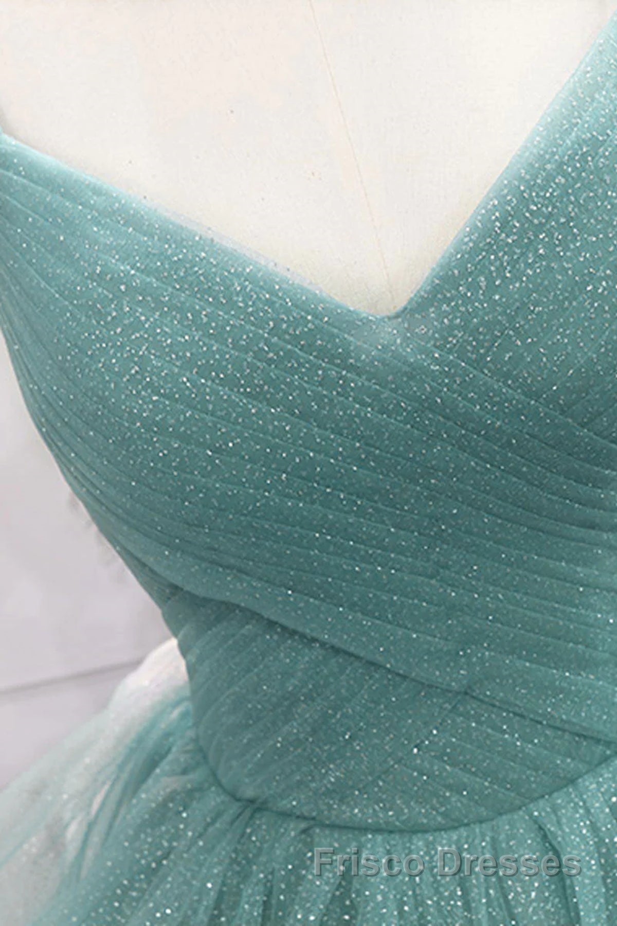 V Neck Open Back Fluffy Green Tulle Long Formal Prom Dresses, Green Formal Evening Dresses, Ball Gown