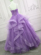 V Neck Open Back Fluffy Purple Tulle Long Formal Prom Dress