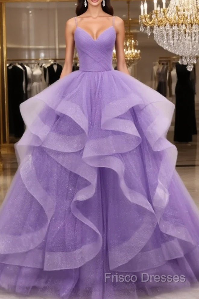 V Neck Open Back Fluffy Purple Tulle Long Formal Prom Dress