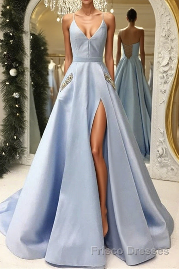 V Neck Open Back Light Blue Satin Long Formal Prom Dresses with Pocket Main image