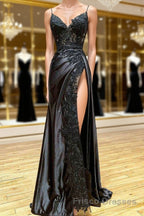 V Neck Open Back Mermaid Black Lace Long Formal Prom Dresses, Mermaid Black Lace Formal Dresses
