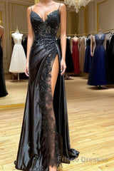 V Neck Open Back Mermaid Black Lace Long Formal Prom Dresses with High Slit, Mermaid Black Formal Dresses, Black Lace Evening Dresses