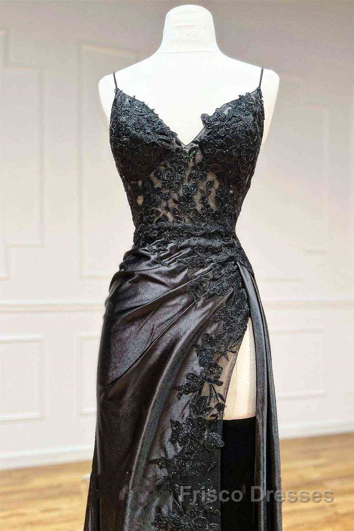 V Neck Open Back Mermaid Black Lace Long Formal Prom Dresses with High Slit, Mermaid Black Formal Dresses, Black Lace Evening Dresses