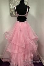 V Neck Open Back Pink Lace Puffy Tulle Long Formal Prom Dresses, Pink Lace Formal Dresses, Pink Evening Dresses