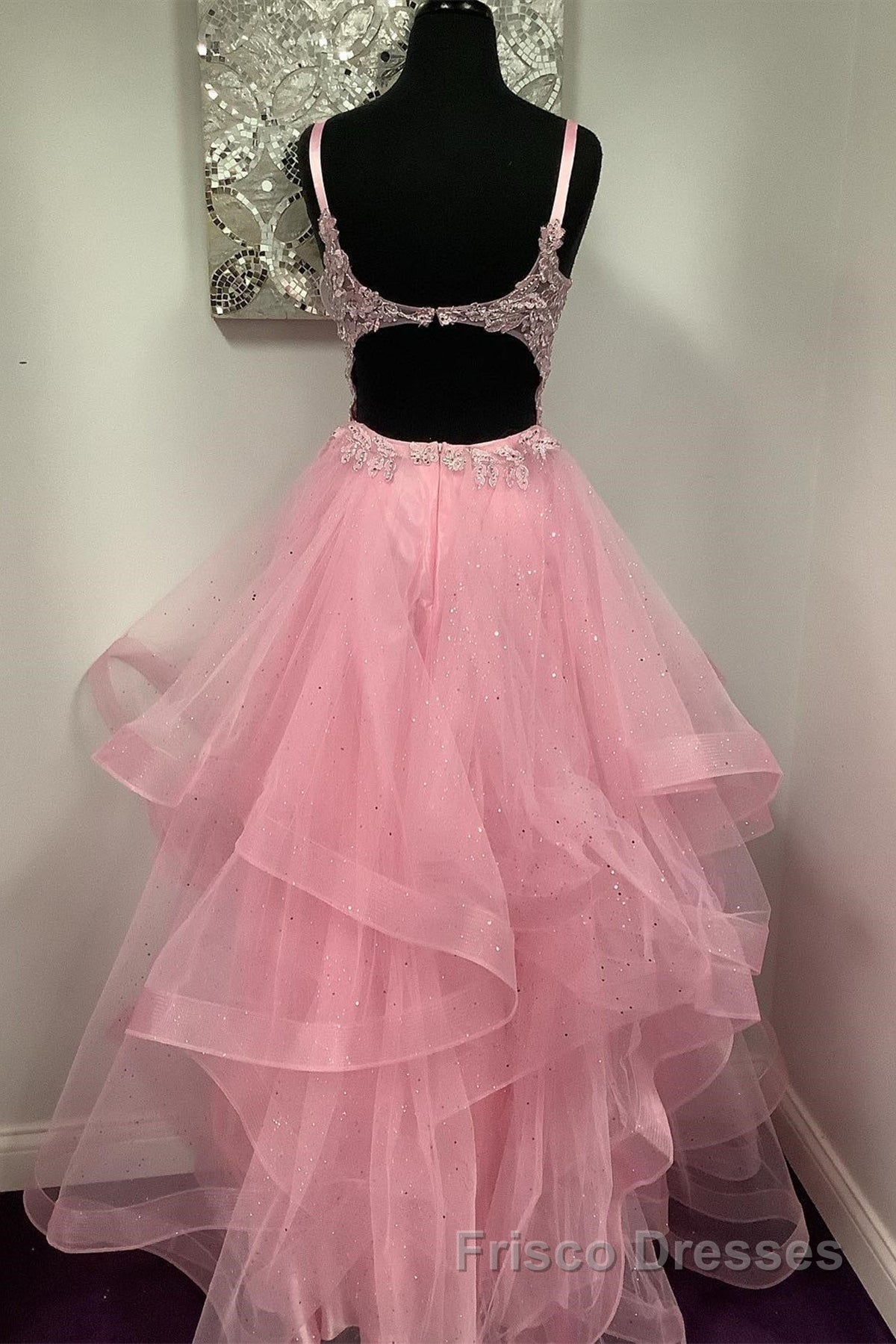 V Neck Open Back Pink Lace Puffy Tulle Long Formal Prom Dresses, Pink Lace Formal Dresses, Pink Evening Dresses