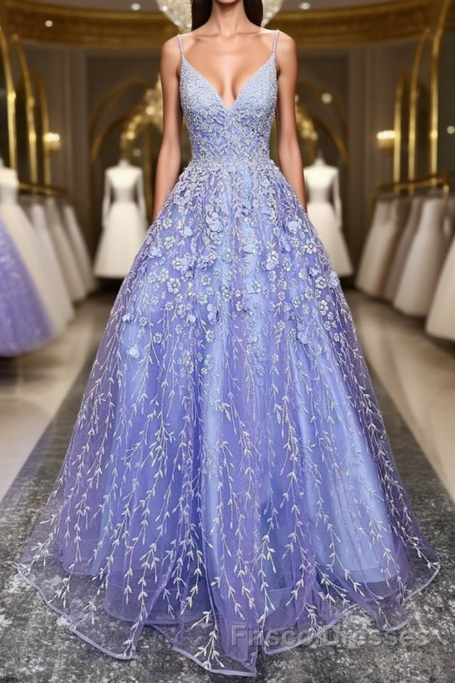 V Neck Open Back Purple Lace Floral Long Formal Prom Dresses, Purple Lace Floral Formal Evening Dresses Main image