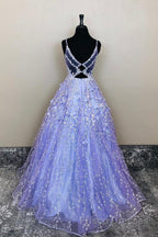 V Neck Open Back Purple Lace Floral Long Formal Prom Dresses, Purple Lace Floral Formal Evening Dresses