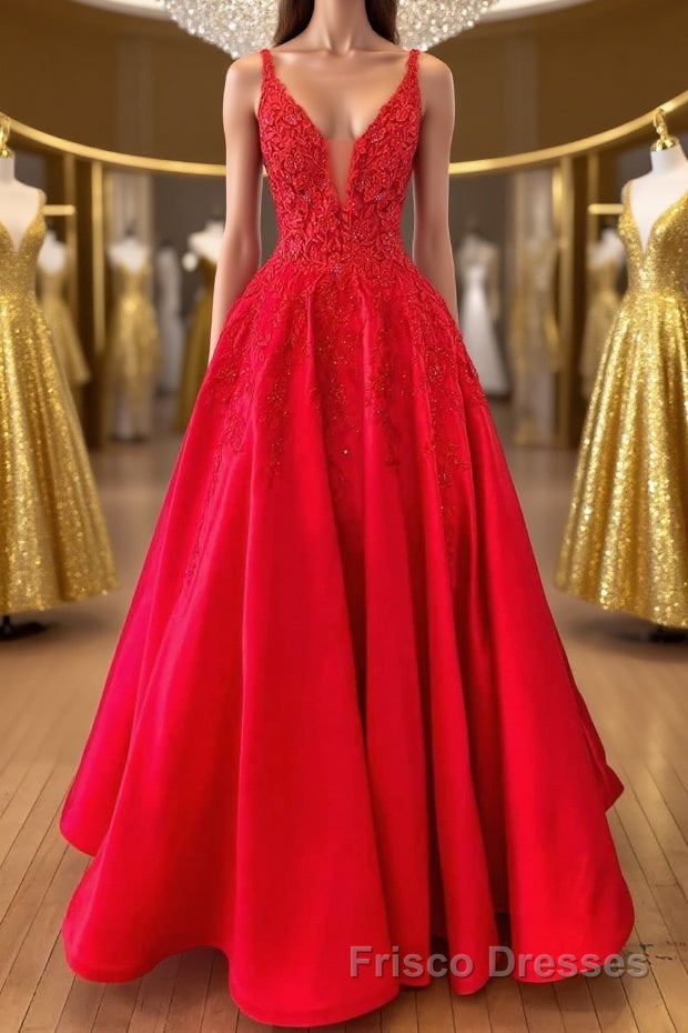 V Neck Open Back Red Lace Long Formal Prom Dresses, Red Lace Formal Dresses, Beaded Red Evening Dresses