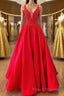 V Neck Open Back Red Lace Long Formal Prom Dresses, Red Lace Formal Dresses, Beaded Red Evening Dresses