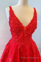 V Neck Open Back Red Lace Long Formal Prom Dresses, Red Lace Formal Dresses, Beaded Red Evening Dresses