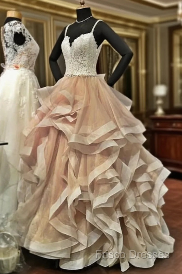 V Neck Organza Ruffles Champagne Wedding Dress Ball Gown Ivory Lace Appliques Main image
