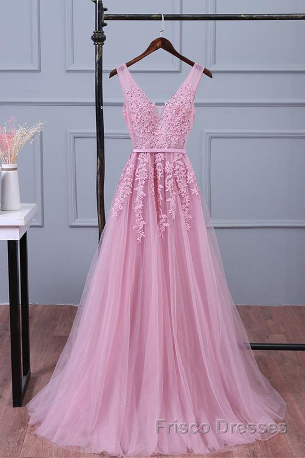V Neck Pink Lace Formal Prom Dresses, Pink V Neck Lace Bridesmaid Formal Dresses Secondary image