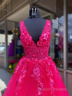 V Neck Pink Lace Formal Prom Dress, Pink V Neck Long Lace Formal Dress