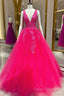 V Neck Pink Lace Formal Prom Dress, Pink V Neck Long Lace Formal Dress