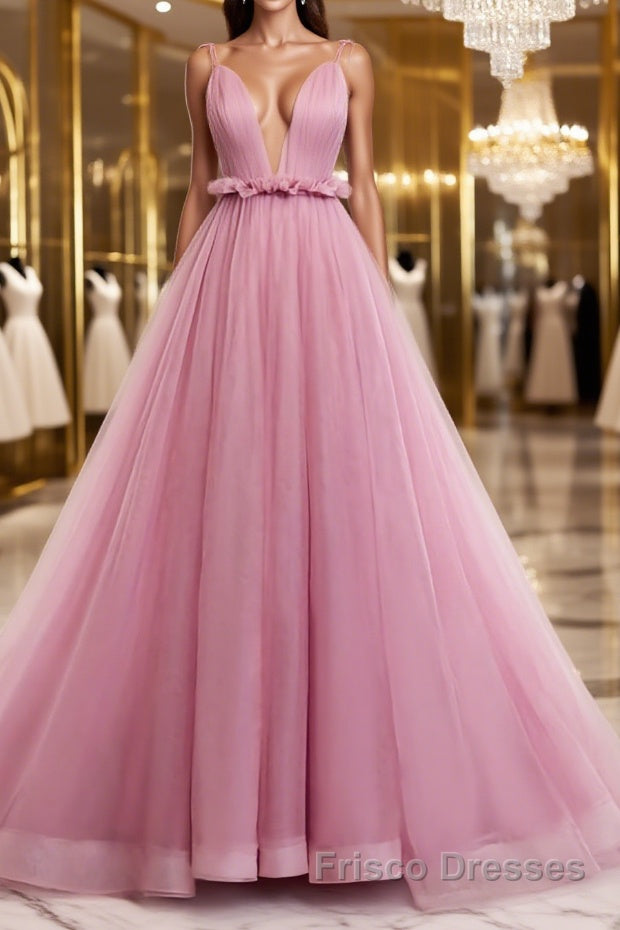 V Neck Pink Tulle Formal Prom Dresses with Train, Pink Long Formal Evening Graduation Dresses Main image