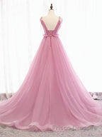 V Neck Pink Tulle Formal Prom Dresses with Train, Pink Long Formal Evening Graduation Dresses