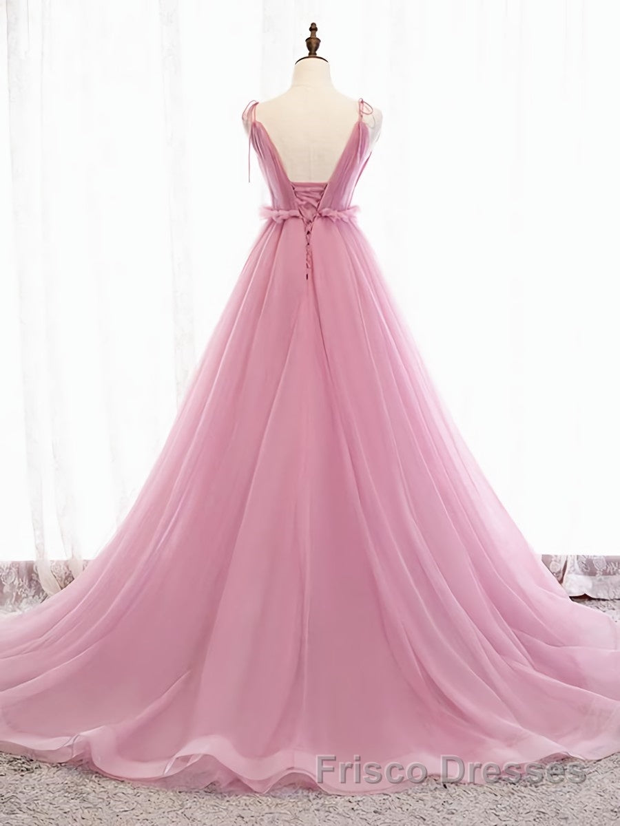 V Neck Pink Tulle Formal Prom Dresses with Train, Pink Long Formal Evening Graduation Dresses