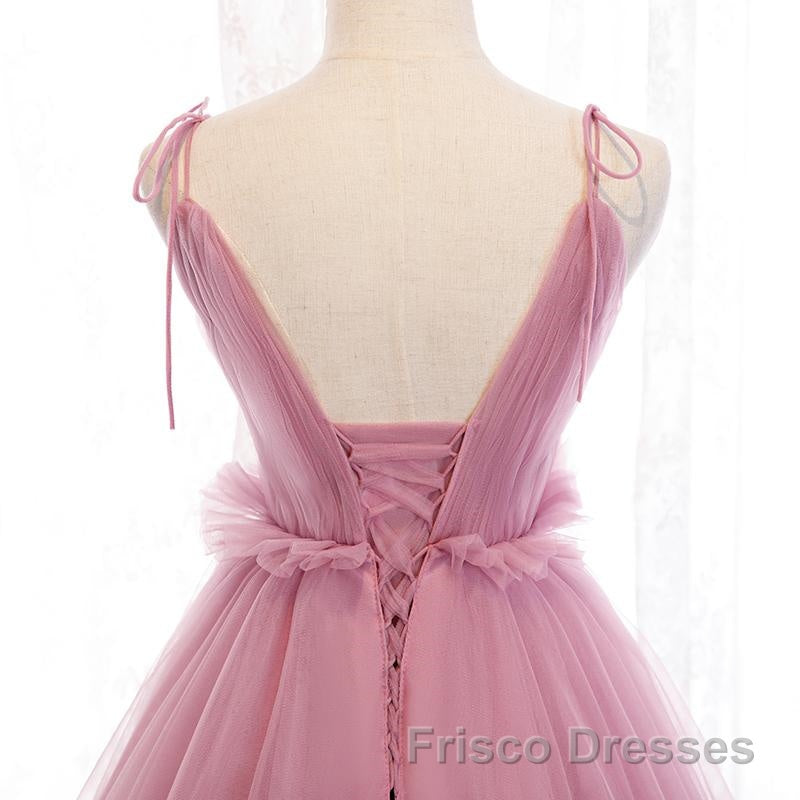 V Neck Pink Tulle Formal Prom Dresses with Train, Pink Long Formal Evening Graduation Dresses