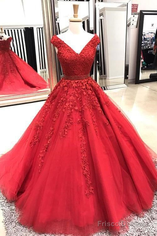 V Neck Prom Dresses Red Lace Formal Gowns A Line Sleeveless Beaded Belt Secondary image