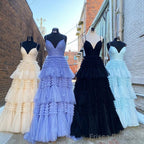 V Neck Puffy Purple Blue Black Champagne Prom Dresses, V Neck Long Formal Evening Dresses