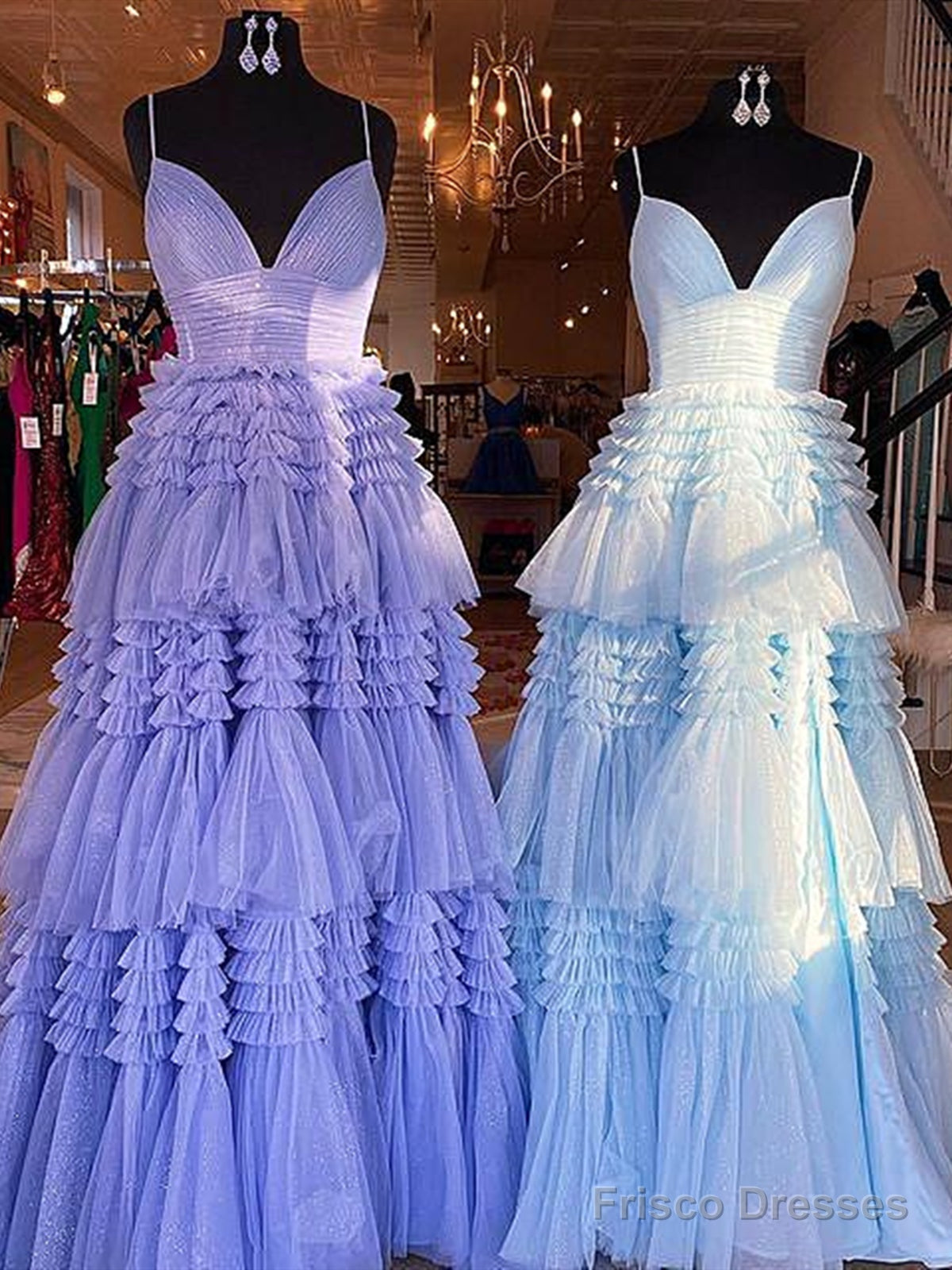 V Neck Puffy Purple Blue Black Champagne Prom Dresses, V Neck Long Formal Evening Dresses Main image
