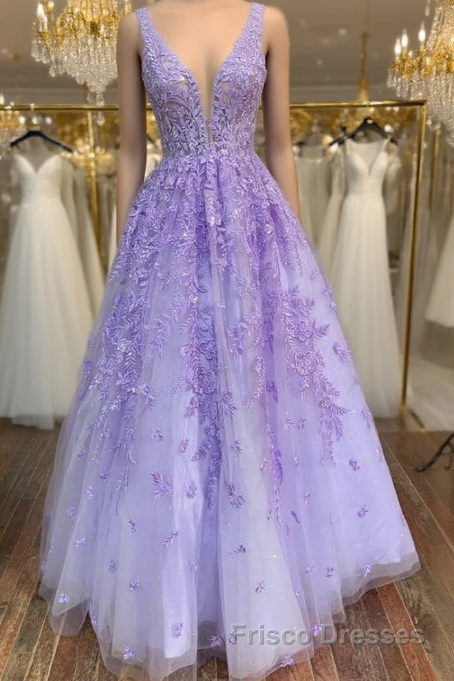 V Neck Purple Lace Long Formal Prom Dresses, Long Purple Lace Formal Dresses, Lilac Lace Evening Dresses