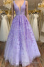V Neck Purple Lace Long Formal Prom Dresses, Long Purple Lace Formal Dresses, Lilac Lace Evening Dresses