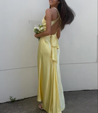 V-Neck Purple Satin And Floor Length Prom Dresses Evening Gown