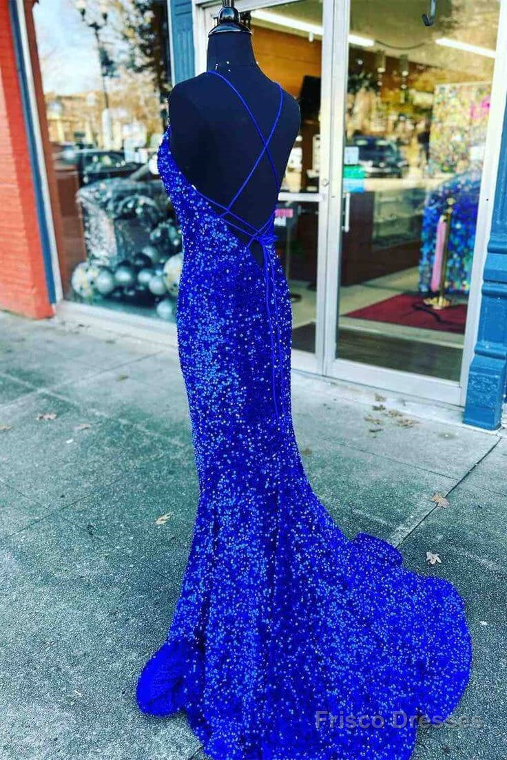 V Neck Royal Blue Evening Dresses Uk Seqins Long Prom Dress Mermaid With Split