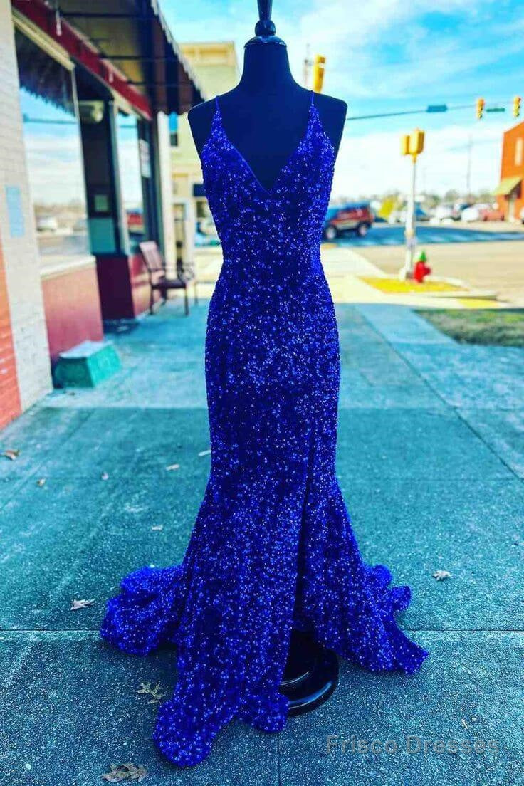 V Neck Royal Blue Evening Dresses Uk Seqins Long Prom Dress Mermaid With Split Main image