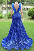 V-Neck Royal Blue Feathers Sparkle Sequin Sleeveless Prom Dresses