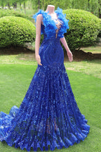 V-Neck Royal Blue Feathers Sparkle Sequin Sleeveless Prom Dresses